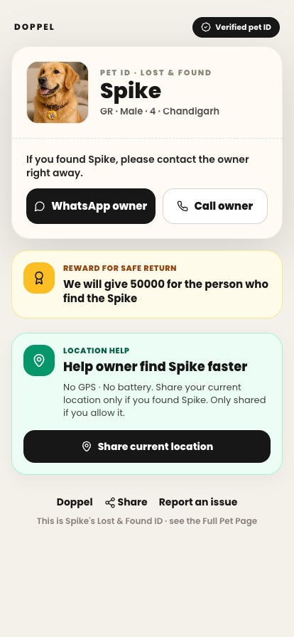 Preview of a live Lost & Found pet page